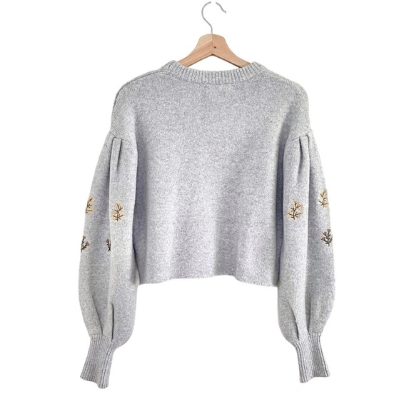 Oak + Fort Floral Embroidered Relaxed Balloon Sleeve Cropped Sweater Grey XS - Picture 2 of 13